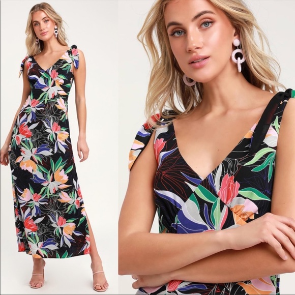 Lulus Beloved Becky Black Tropical Floral Print Tie Shoulder Maxi Dress SZ S NWT - Picture 2 of 4